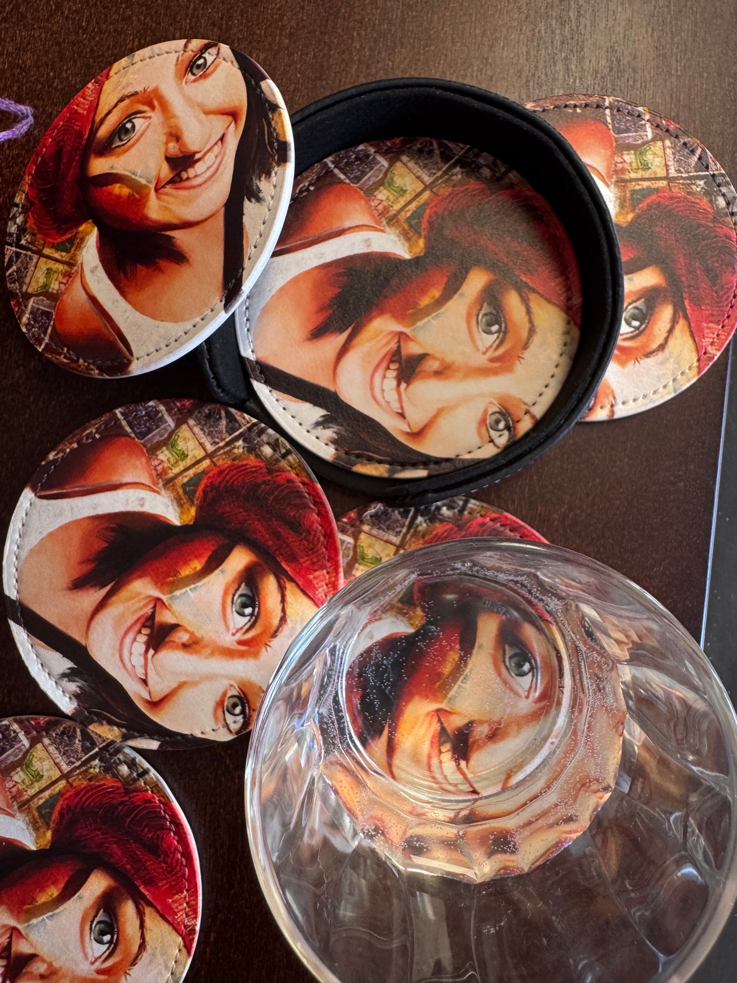 Sous-verres Funky 6 pièces en cuir PU cousu