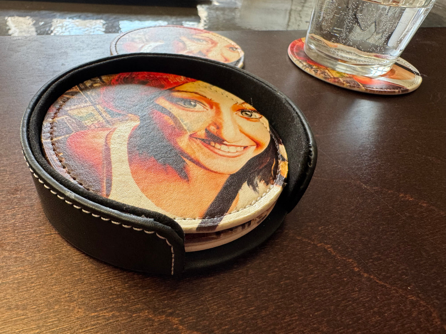 Sous-verres Funky 6 pièces en cuir PU cousu
